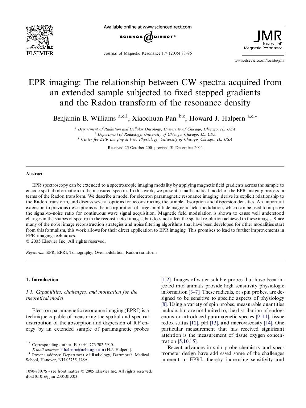 EPR imaging: The relationship between CW spectra acquired from an extended sample subjected to fixed stepped gradients and the Radon transform of the resonance density