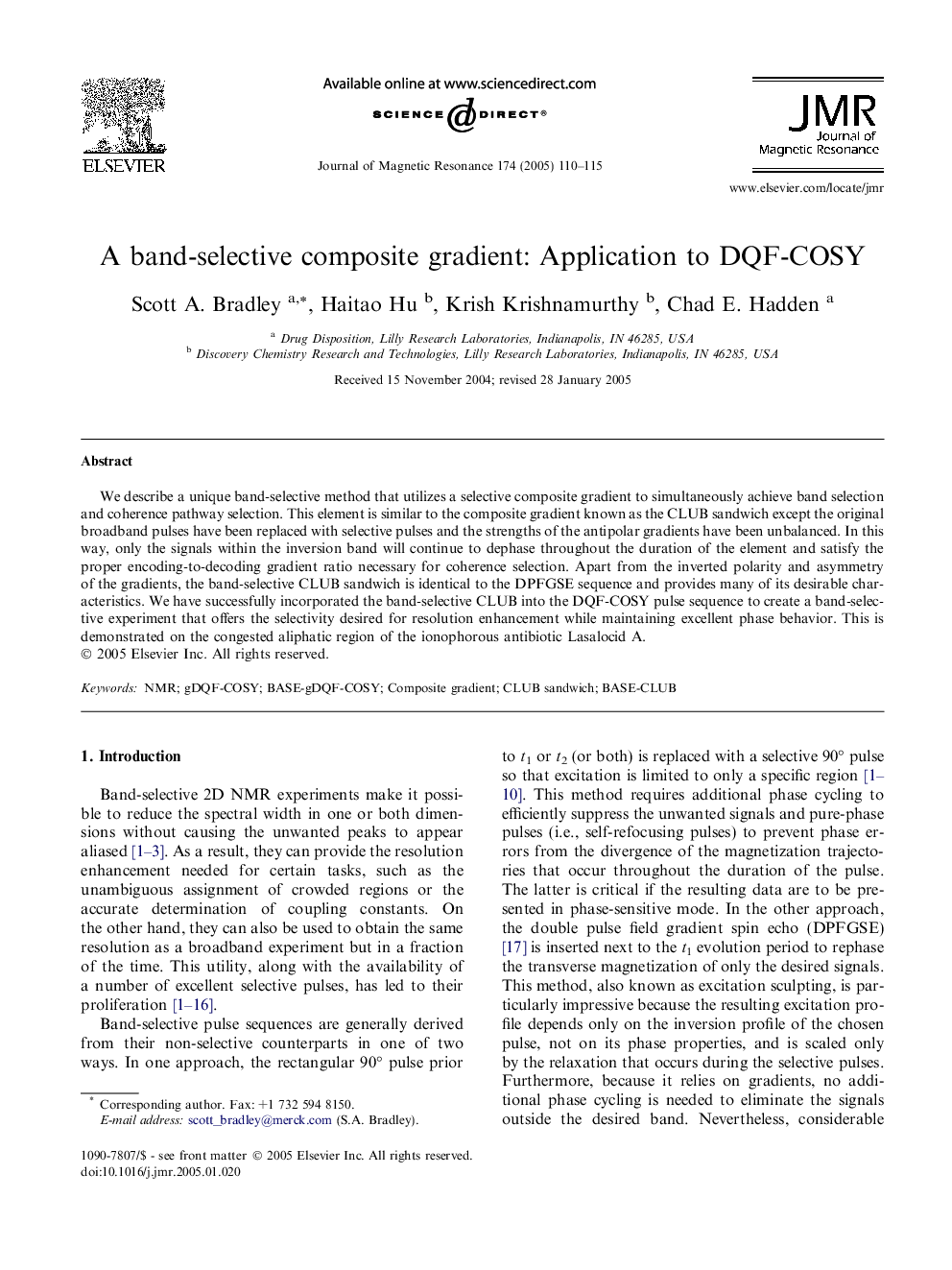 A band-selective composite gradient: Application to DQF-COSY