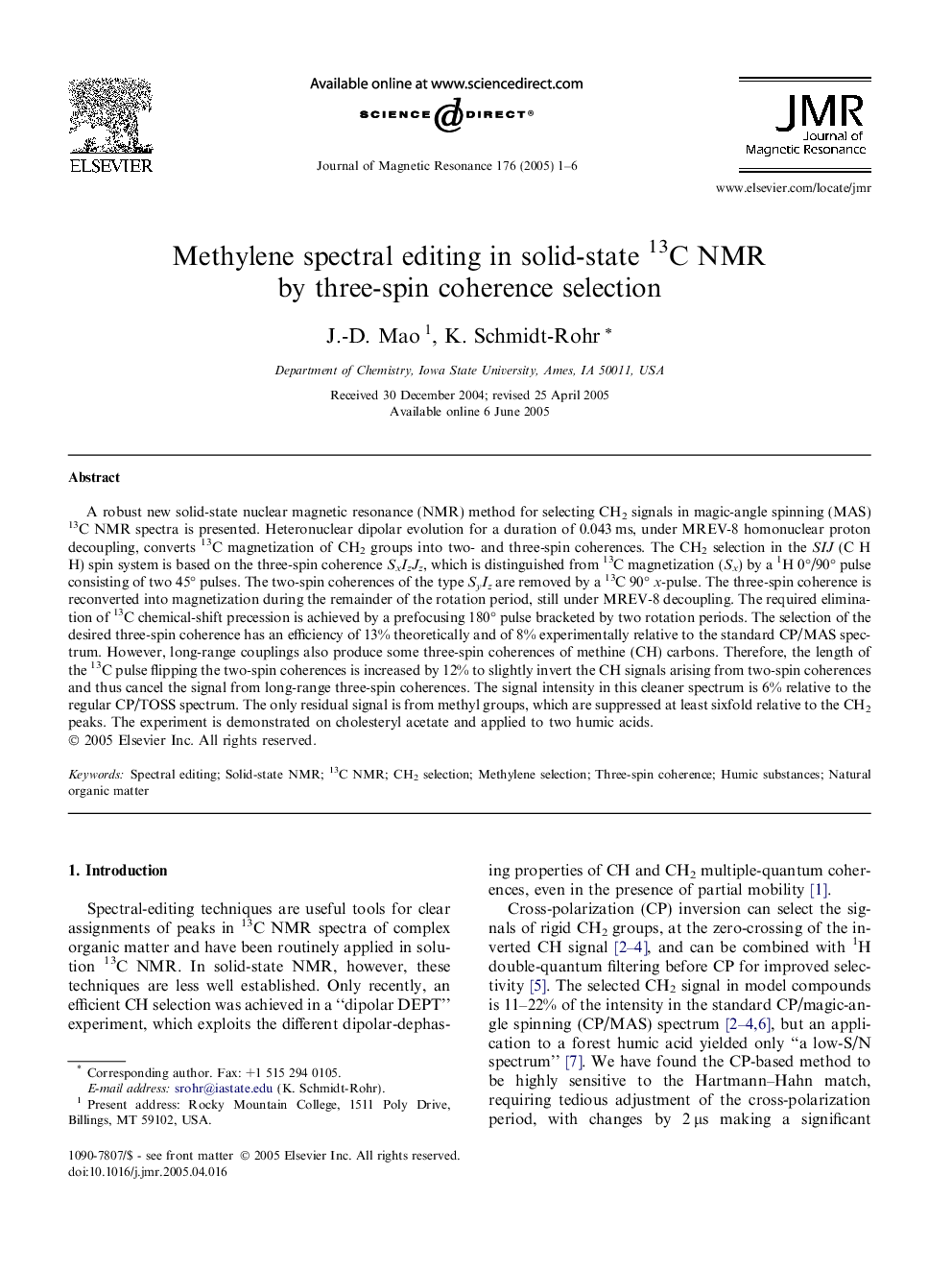 Methylene spectral editing in solid-state 13C NMR by three-spin coherence selection