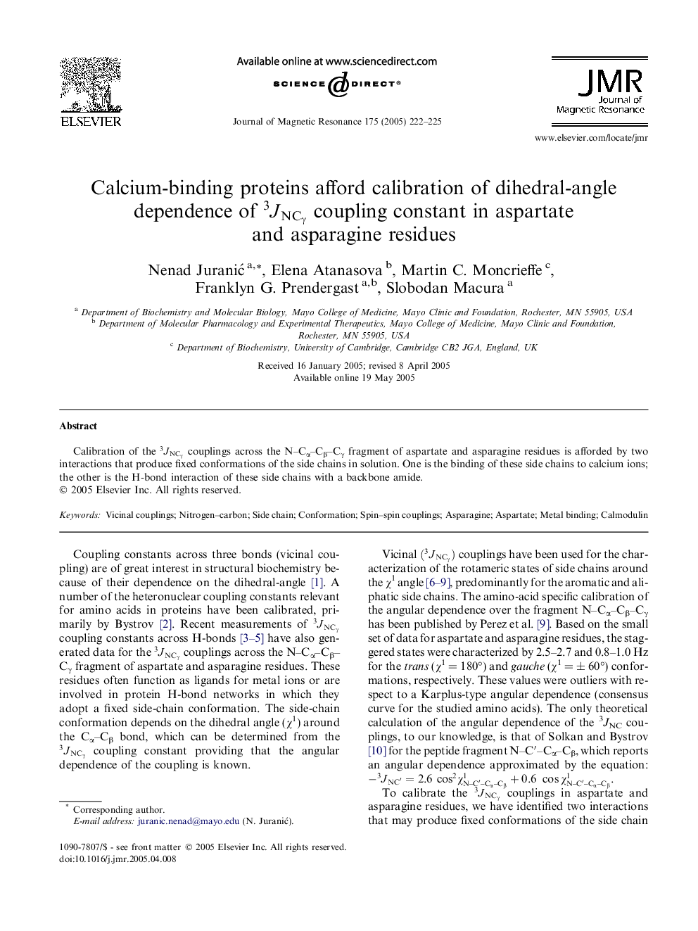 عکس صفحه اول مقاله: Calcium-binding proteins afford calibration of dihedral-angle dependence of 3JNCγ coupling constant in aspartate and asparagine residues Calcium-binding proteins afford calibration of dihedral-angle dependence of 3JNCγ coupling constant in aspartate and asparagine residues