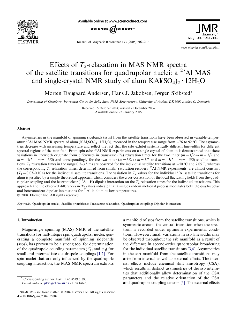 Effects of T2-relaxation in MAS NMR spectra of the satellite transitions for quadrupolar nuclei: a 27Al MAS and single-crystal NMR study of alum KAl(SO4)2Â Â·Â 12H2O