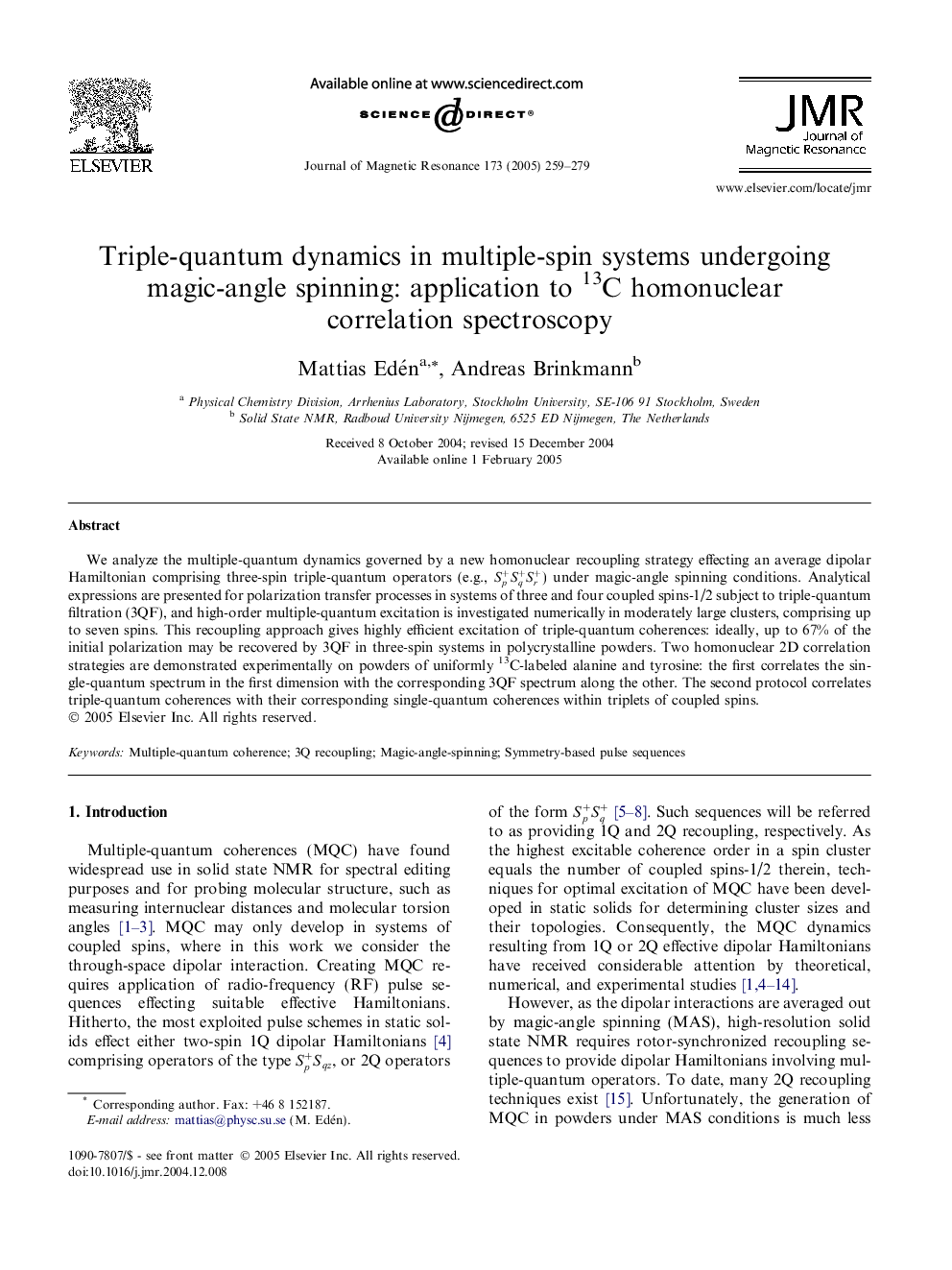 Triple-quantum dynamics in multiple-spin systems undergoing magic-angle spinning: application to 13C homonuclear correlation spectroscopy