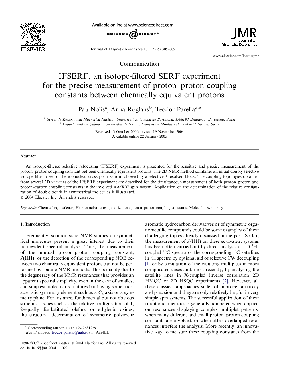 IFSERF, an isotope-filtered SERF experiment for the precise measurement of proton-proton coupling constants between chemically equivalent protons