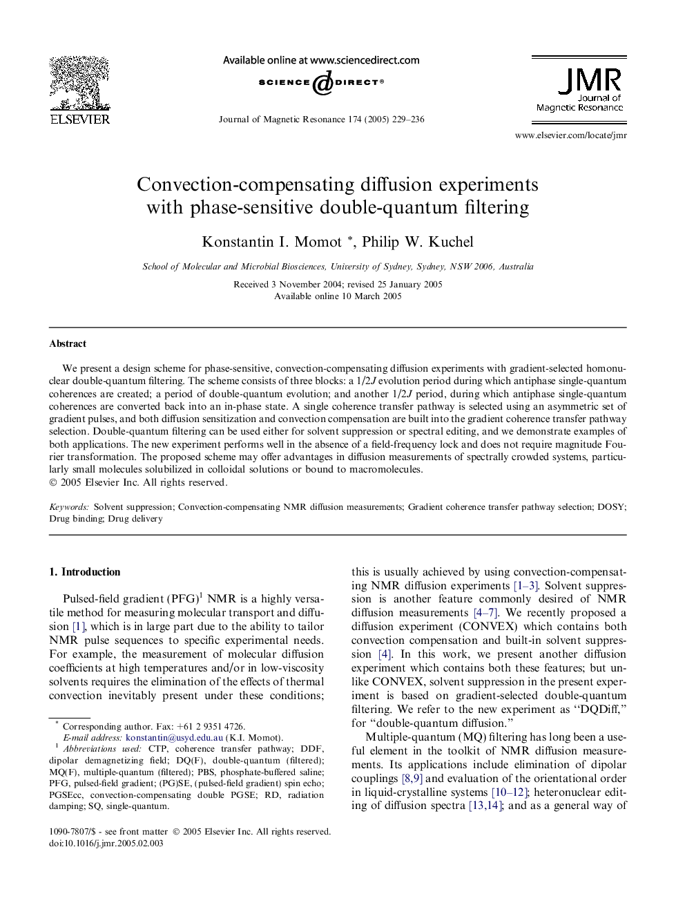 Convection-compensating diffusion experiments with phase-sensitive double-quantum filtering