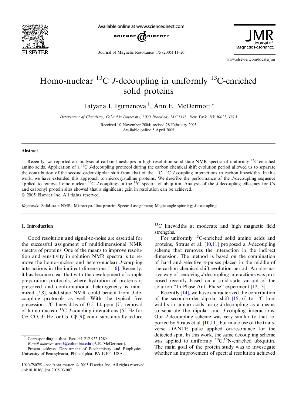 Homo-nuclear 13C J-decoupling in uniformly 13C-enriched solid proteins