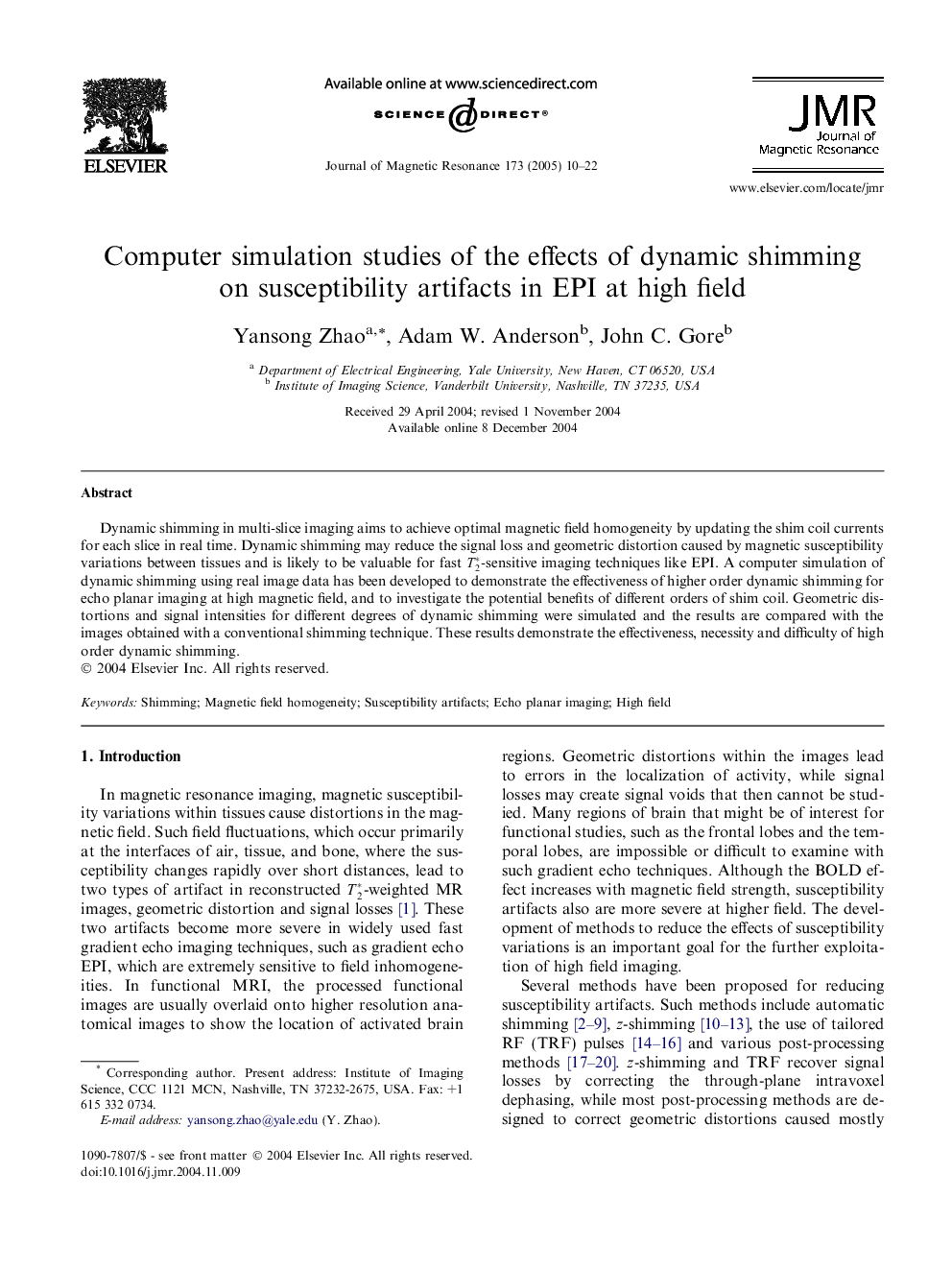 Computer simulation studies of the effects of dynamic shimming on susceptibility artifacts in EPI at high field