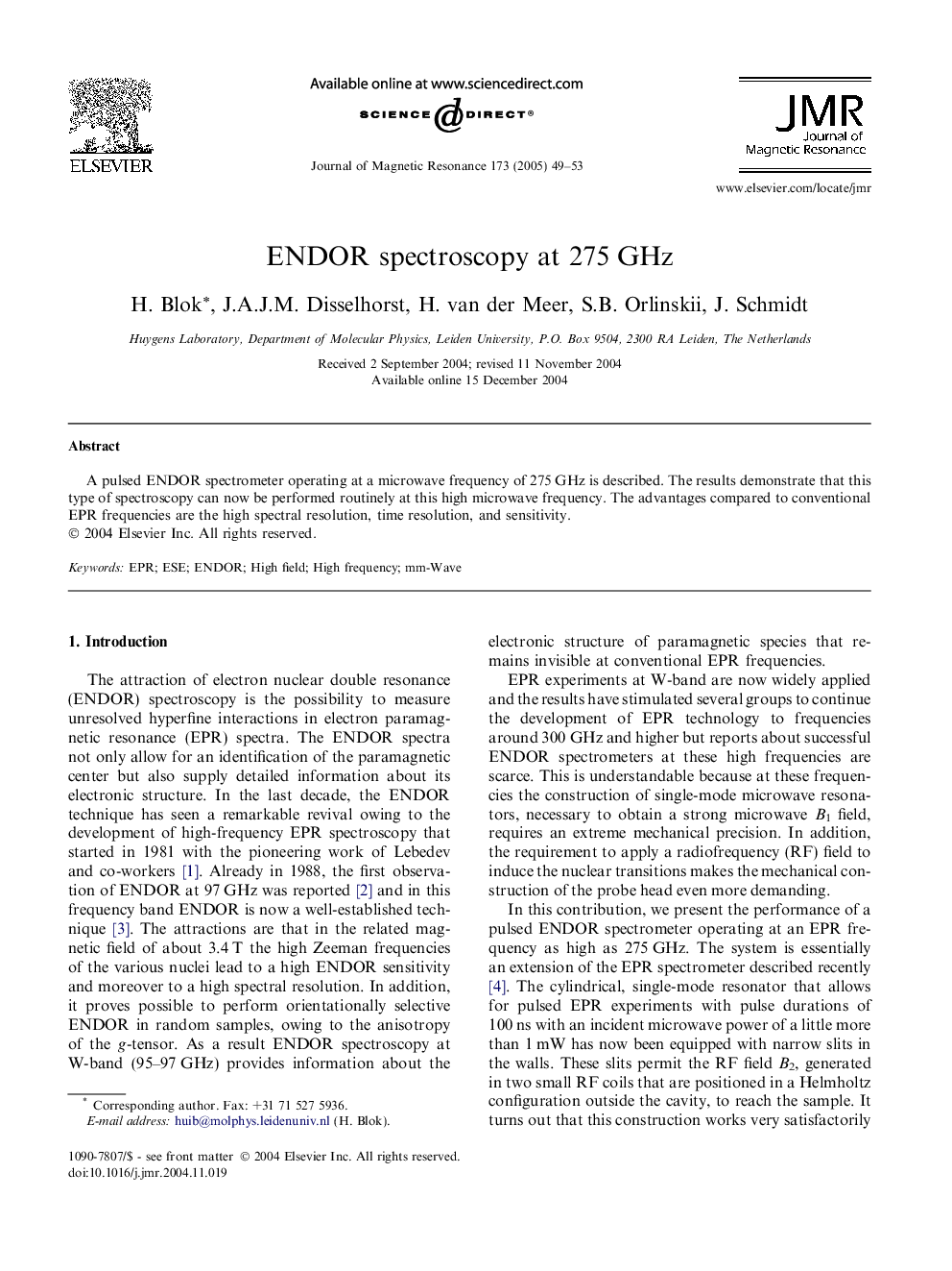 ENDOR spectroscopy at 275Â GHz