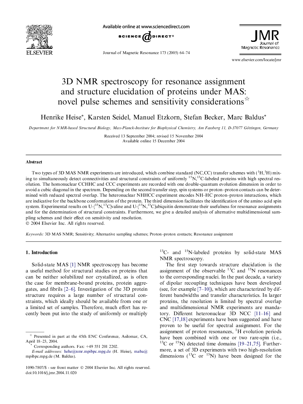 3D NMR spectroscopy for resonance assignment and structure elucidation of proteins under MAS: novel pulse schemes and sensitivity considerations