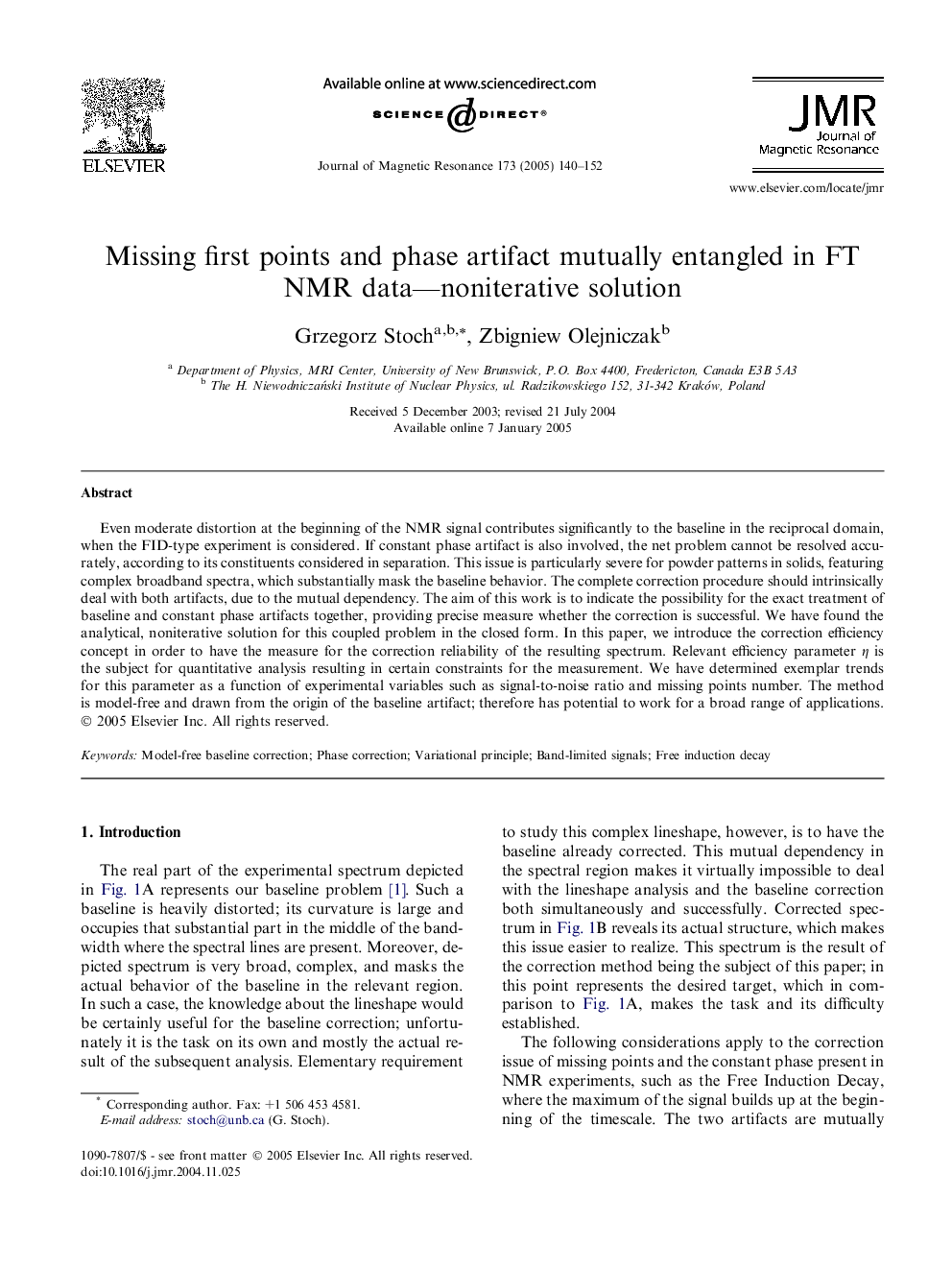 Missing first points and phase artifact mutually entangled in FT NMR data-noniterative solution