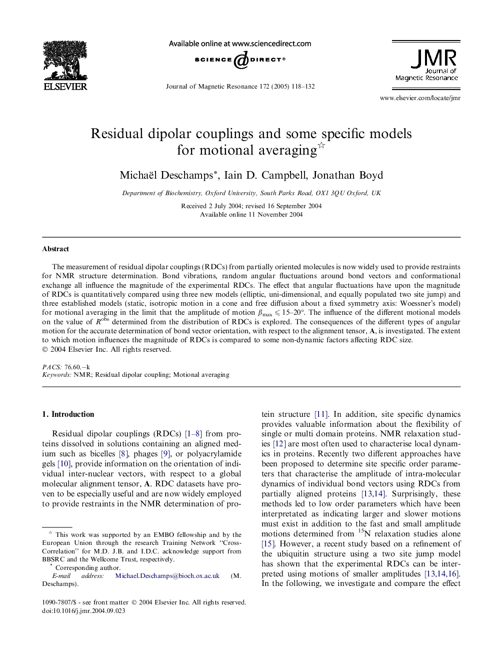 Residual dipolar couplings and some specific models for motional averaging