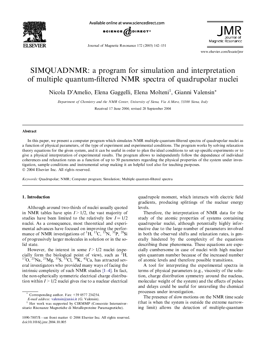 SIMQUADNMR: a program for simulation and interpretation of multiple quantum-filtered NMR spectra of quadrupolar nuclei