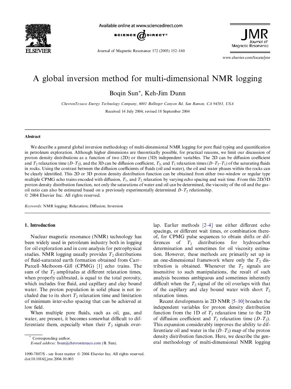 A global inversion method for multi-dimensional NMR logging