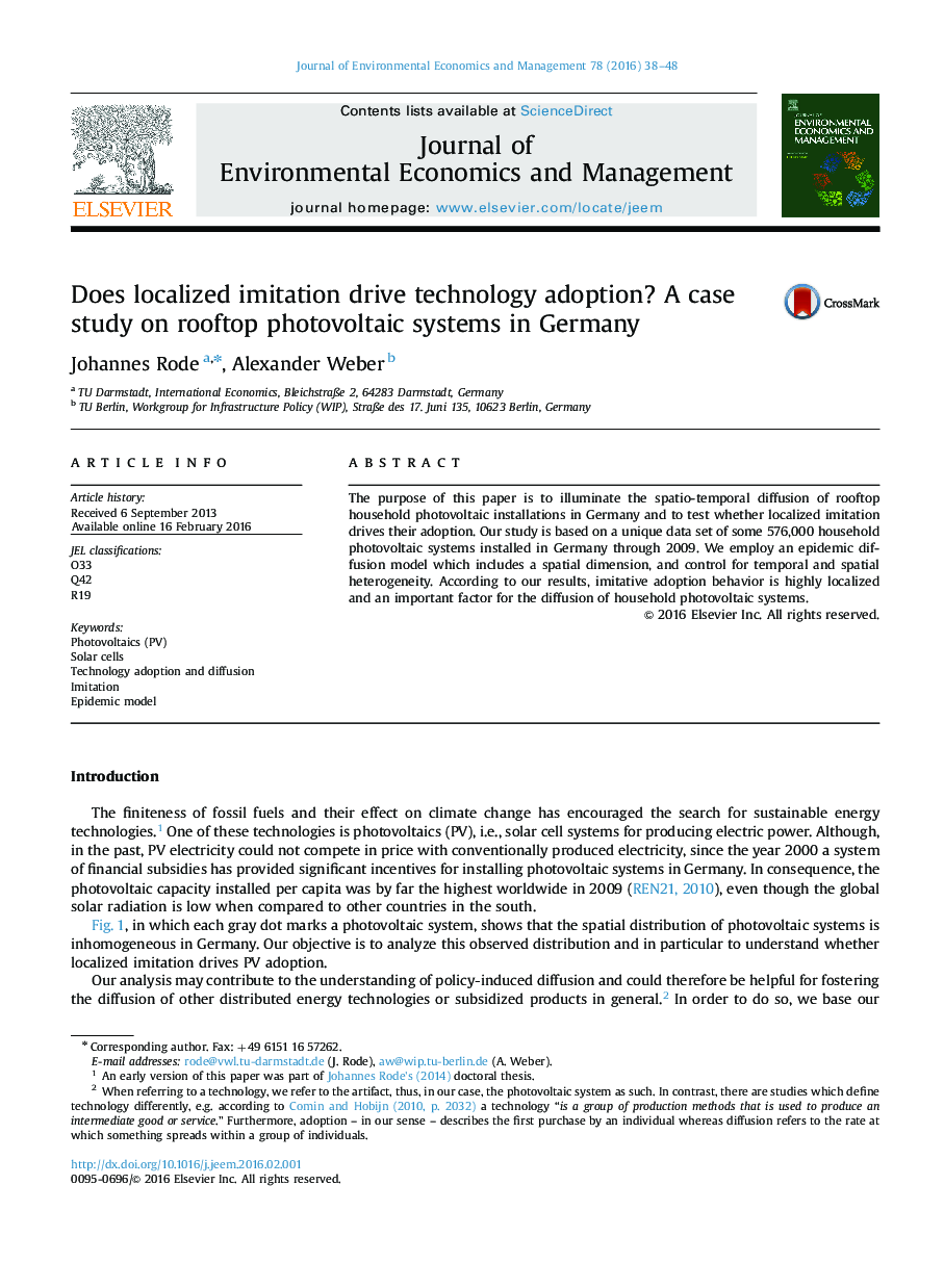 آیا تقلید محلی شده منجر به اتخاذ فن آوری می شود؟ مطالعه موردی سیستم های فتوولتائیک پشت بام در آلمان