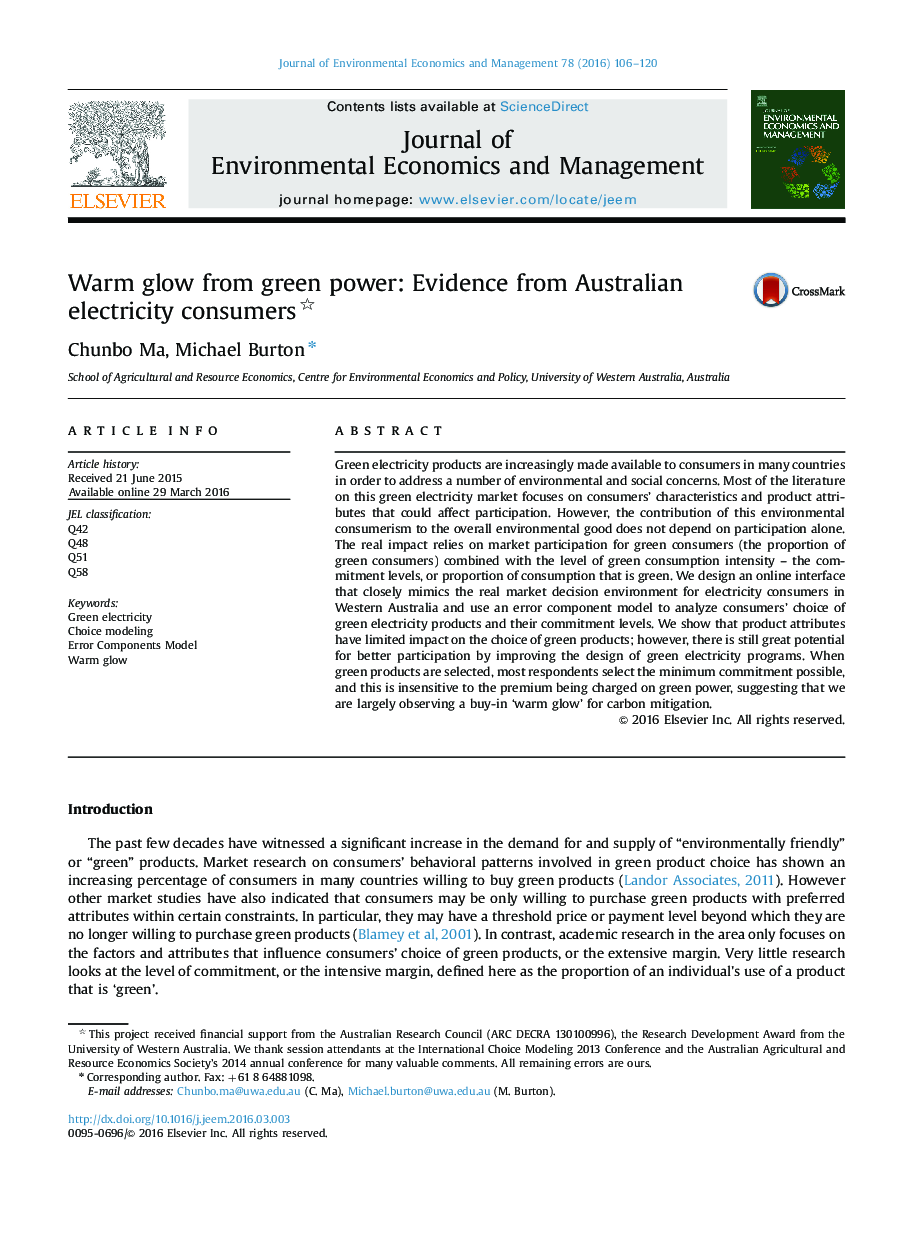 Warm glow from green power: Evidence from Australian electricity consumers 