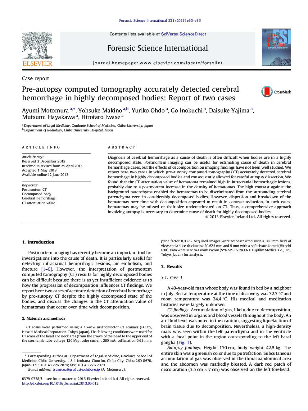 Pre-autopsy computed tomography accurately detected cerebral hemorrhage in highly decomposed bodies: Report of two cases