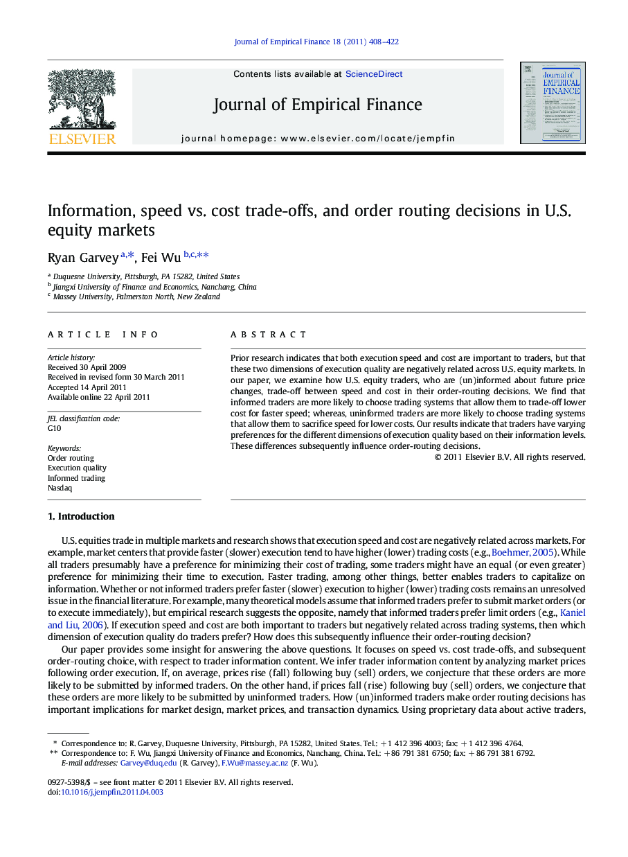 Information, speed vs. cost trade-offs, and order routing decisions in U.S. equity markets