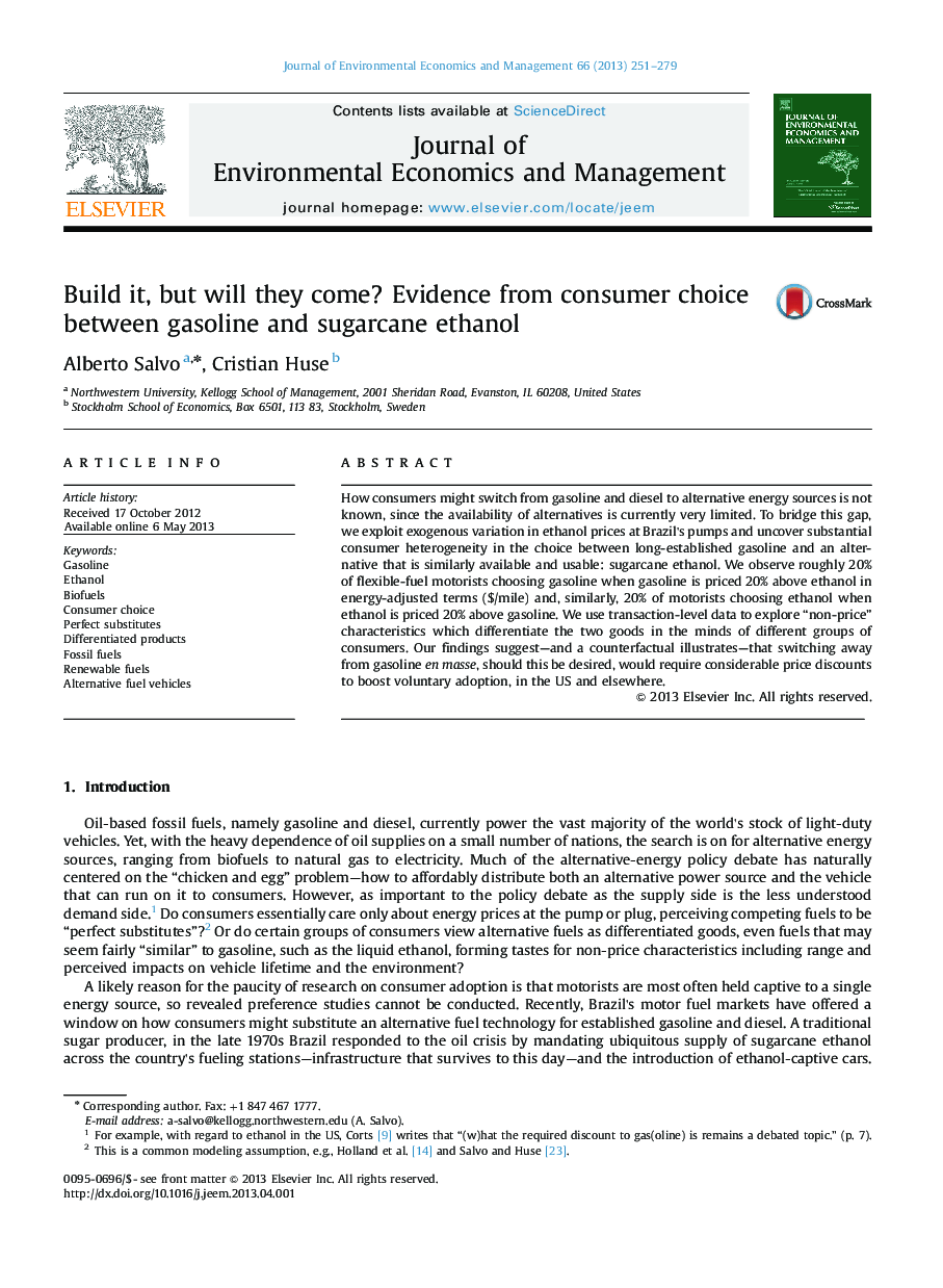 Build it, but will they come? Evidence from consumer choice between gasoline and sugarcane ethanol