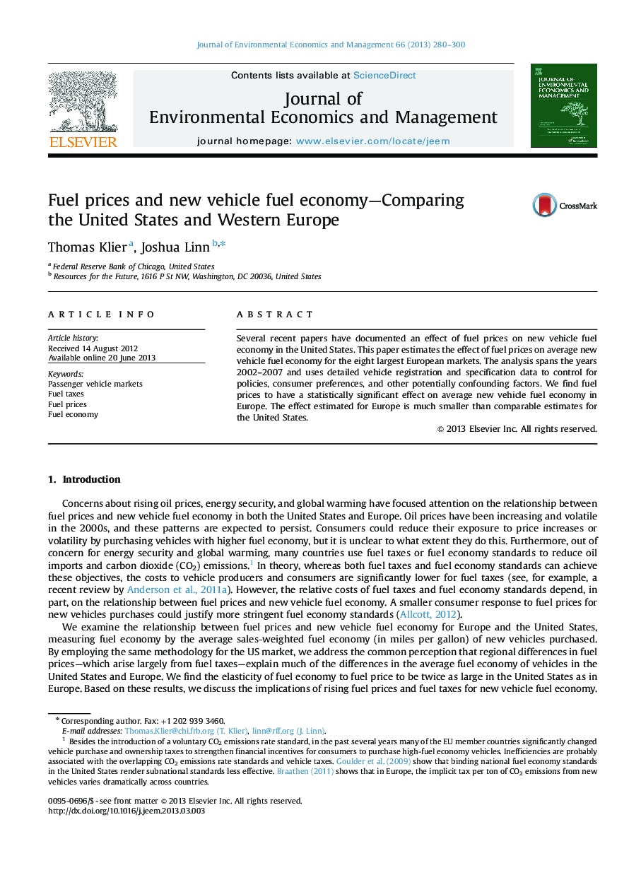 Fuel prices and new vehicle fuel economy—Comparing the United States and Western Europe