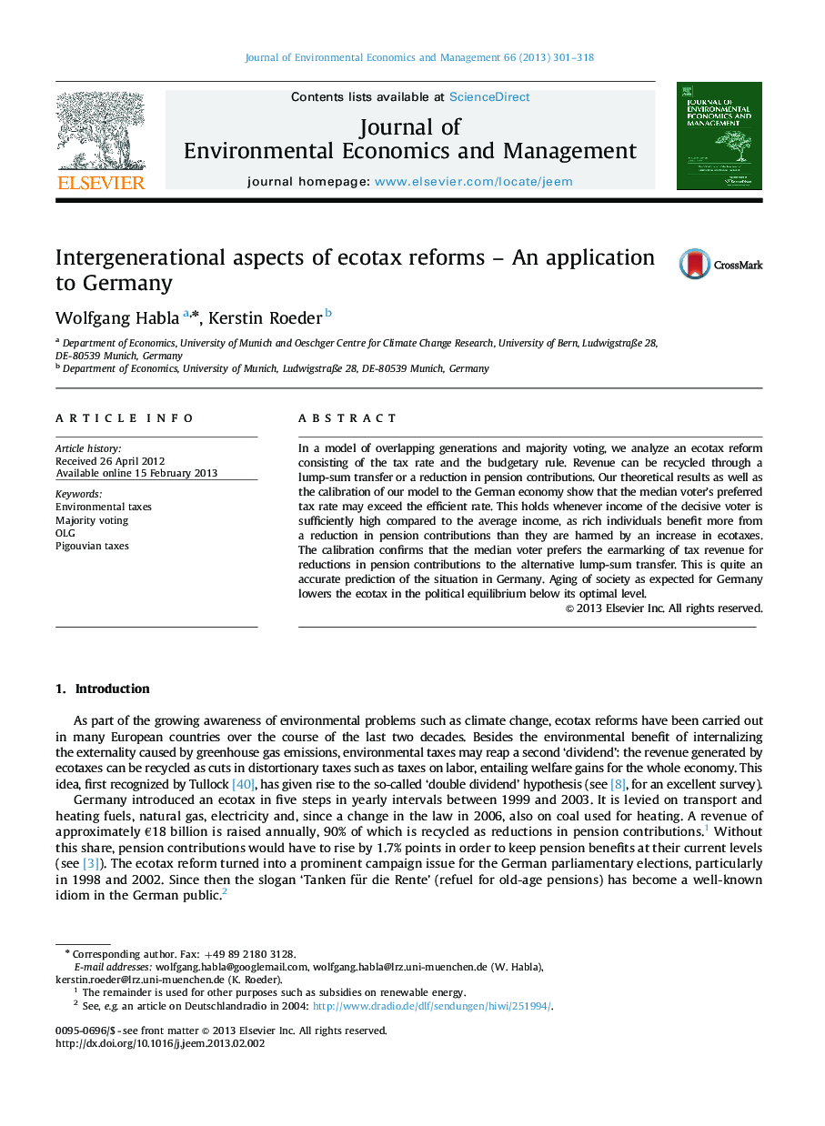 Intergenerational aspects of ecotax reforms – An application to Germany