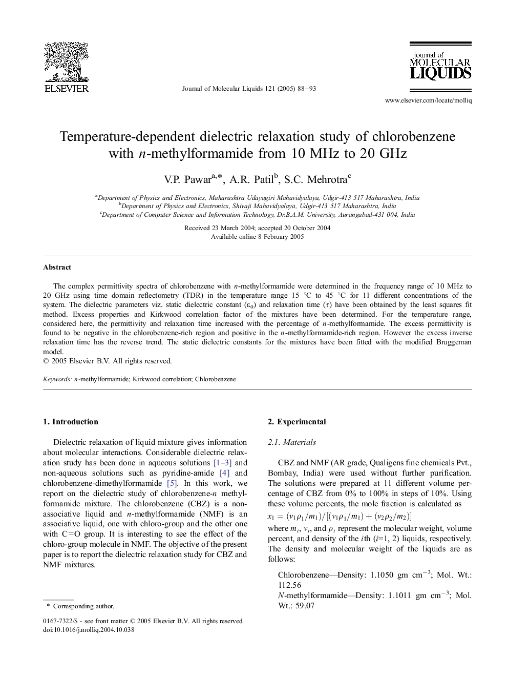 Temperature-dependent dielectric relaxation study of chlorobenzene with n-methylformamide from 10 MHz to 20 GHz