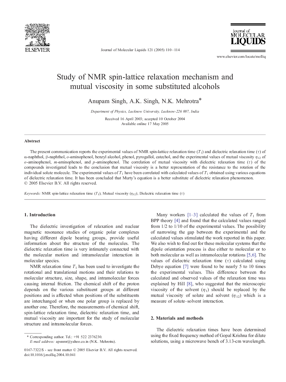 Study of NMR spin-lattice relaxation mechanism and mutual viscosity in some substituted alcohols