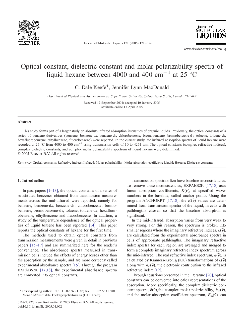 Optical constant, dielectric constant and molar polarizability spectra of liquid hexane between 4000 and 400 cmâÂ 1 at 25 Â°C