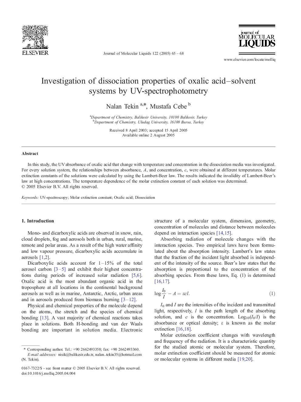 Investigation of dissociation properties of oxalic acid-solvent systems by UV-spectrophotometry