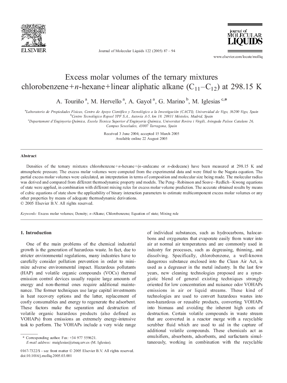 Excess molar volumes of the ternary mixtures chlorobenzeneÂ +Â n-hexaneÂ +Â linear aliphatic alkane (C11-C12) at 298.15 K