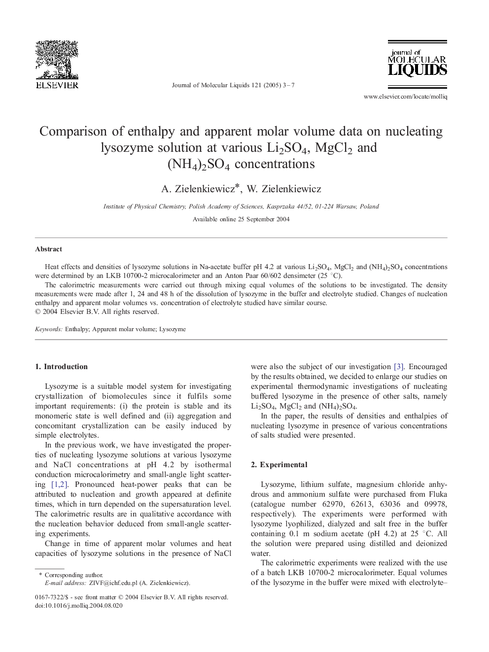 Comparison of enthalpy and apparent molar volume data on nucleating lysozyme solution at various Li2SO4, MgCl2 and (NH4)2SO4 concentrations