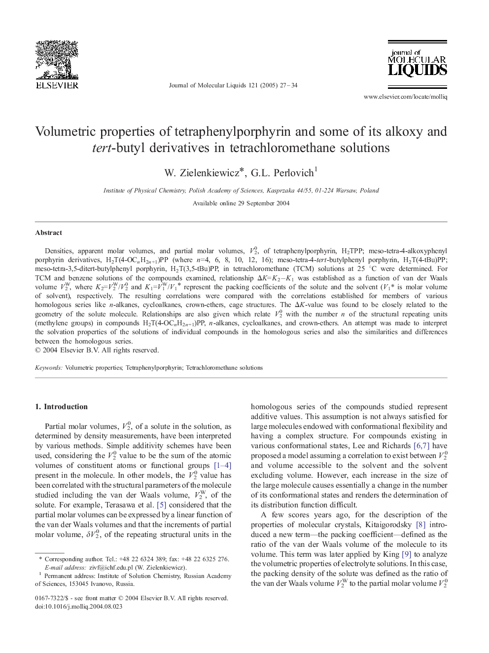 Volumetric properties of tetraphenylporphyrin and some of its alkoxy and tert-butyl derivatives in tetrachloromethane solutions
