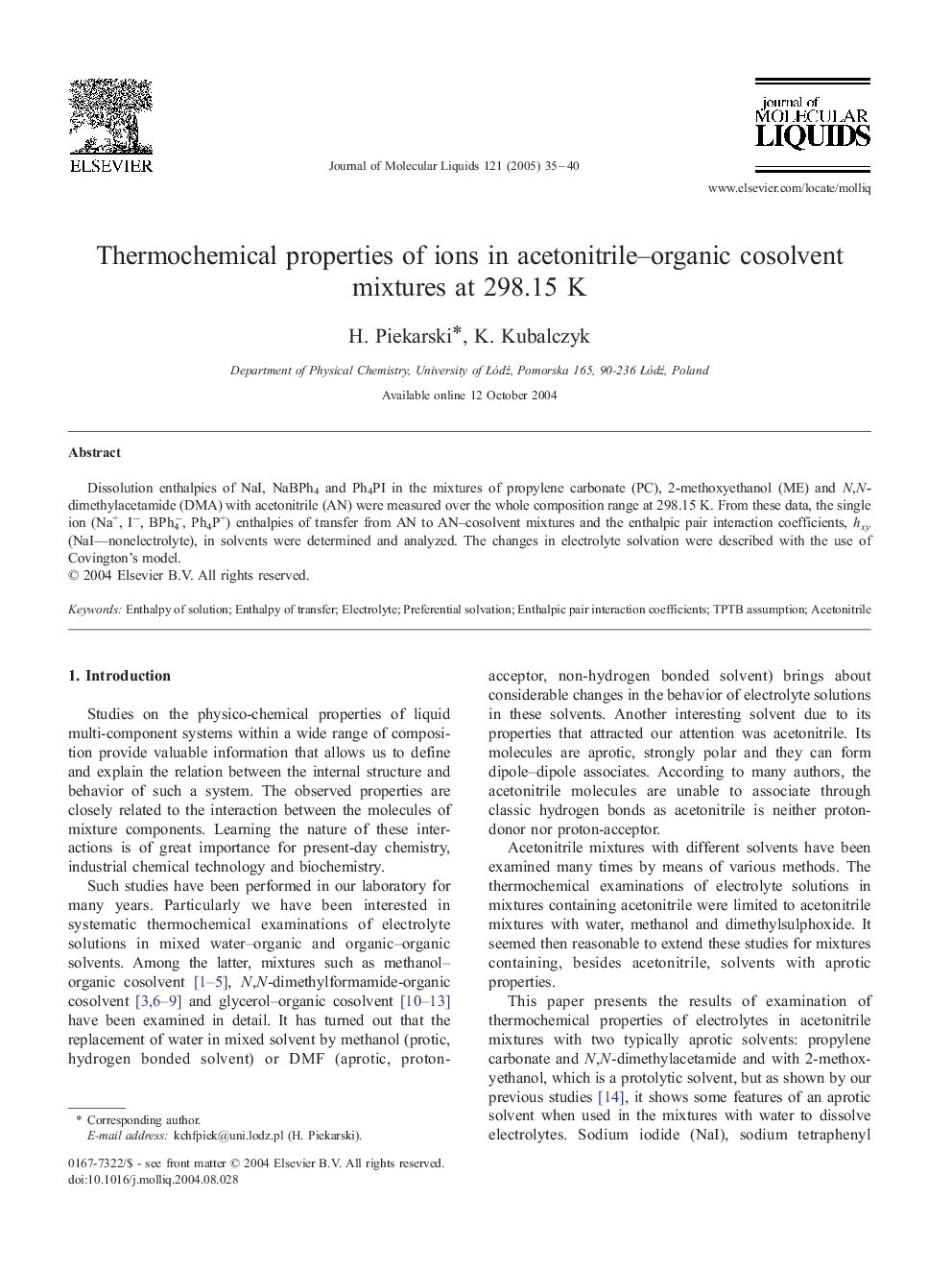 عکس صفحه اول مقاله: Thermochemical properties of ions in acetonitrile-organic cosolvent mixtures at 298.15 K Thermochemical properties of ions in acetonitrile-organic cosolvent mixtures at 298.15 K