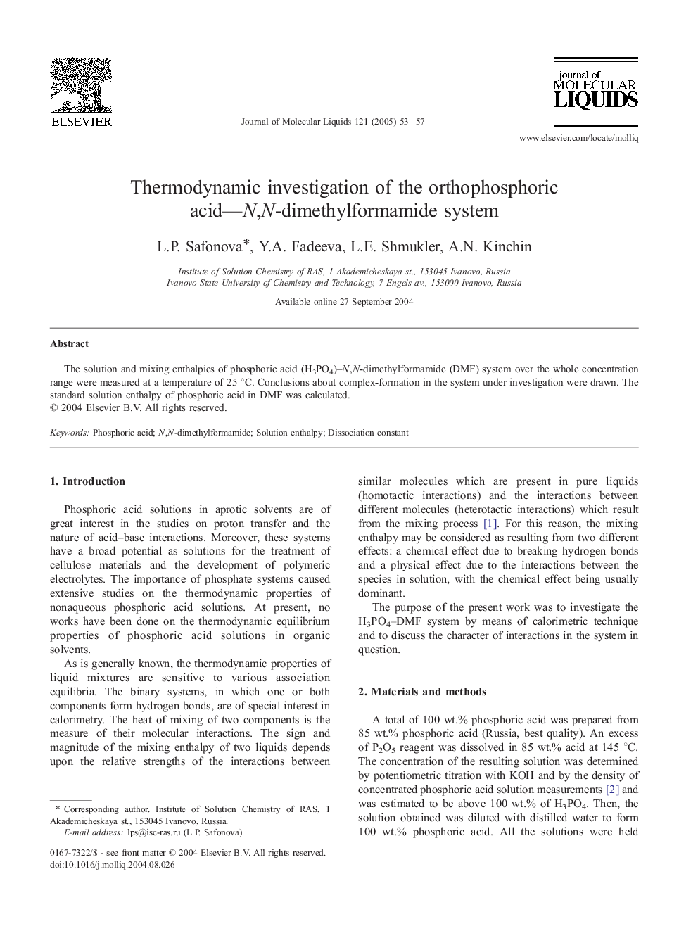 Thermodynamic investigation of the orthophosphoric acid-N,N-dimethylformamide system