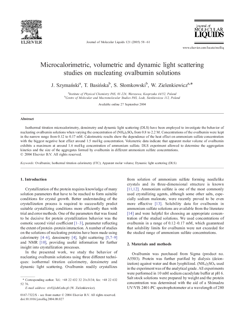 Microcalorimetric, volumetric and dynamic light scattering studies on nucleating ovalbumin solutions