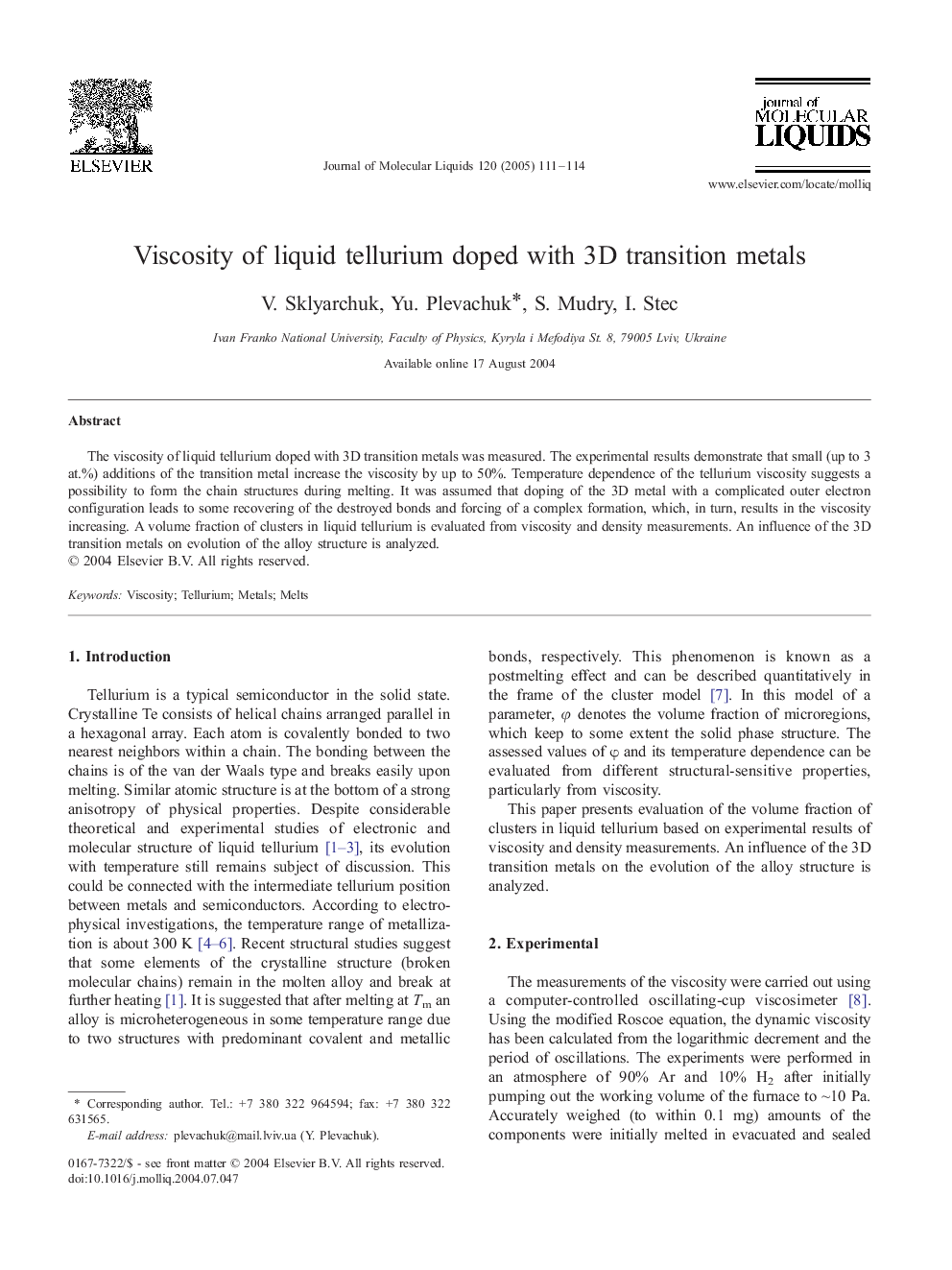 عکس صفحه اول مقاله: Viscosity of liquid tellurium doped with 3D transition metals Viscosity of liquid tellurium doped with 3D transition metals