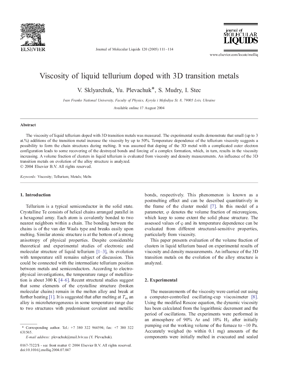 Viscosity of liquid tellurium doped with 3D transition metals