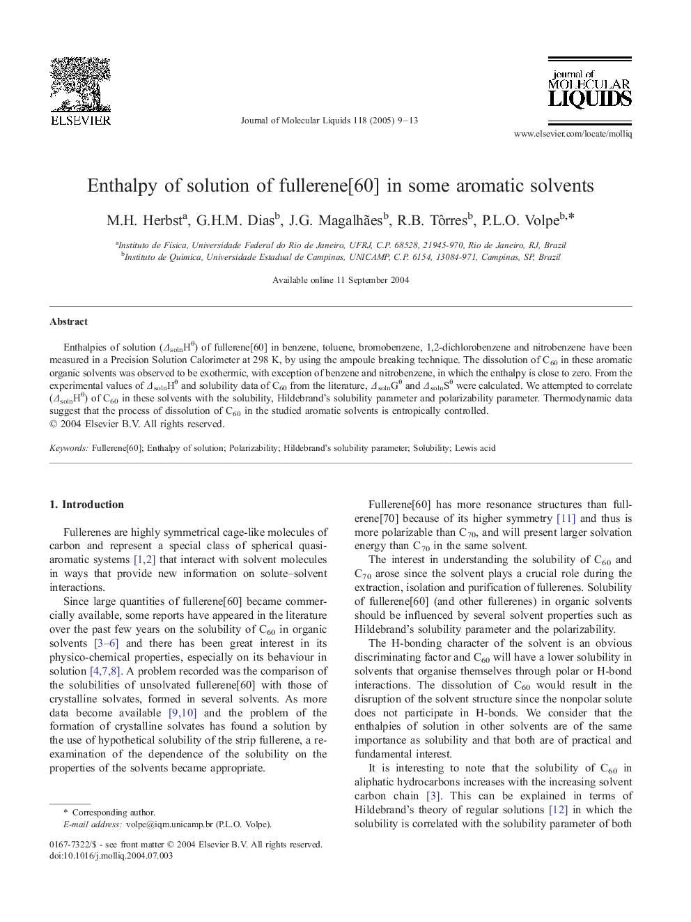 Enthalpy of solution of fullerene[60] in some aromatic solvents