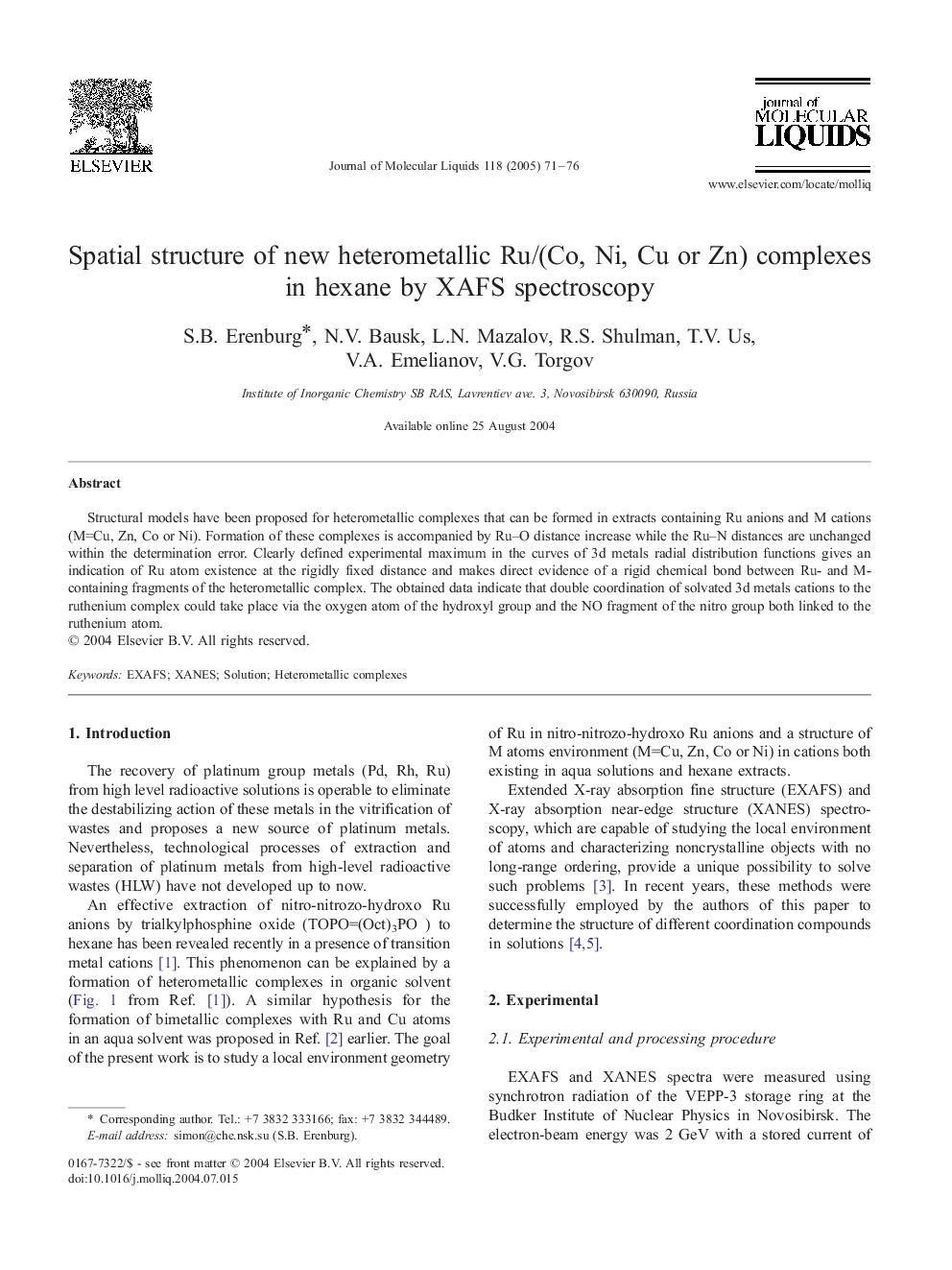 Spatial structure of new heterometallic Ru/(Co, Ni, Cu or Zn) complexes in hexane by XAFS spectroscopy