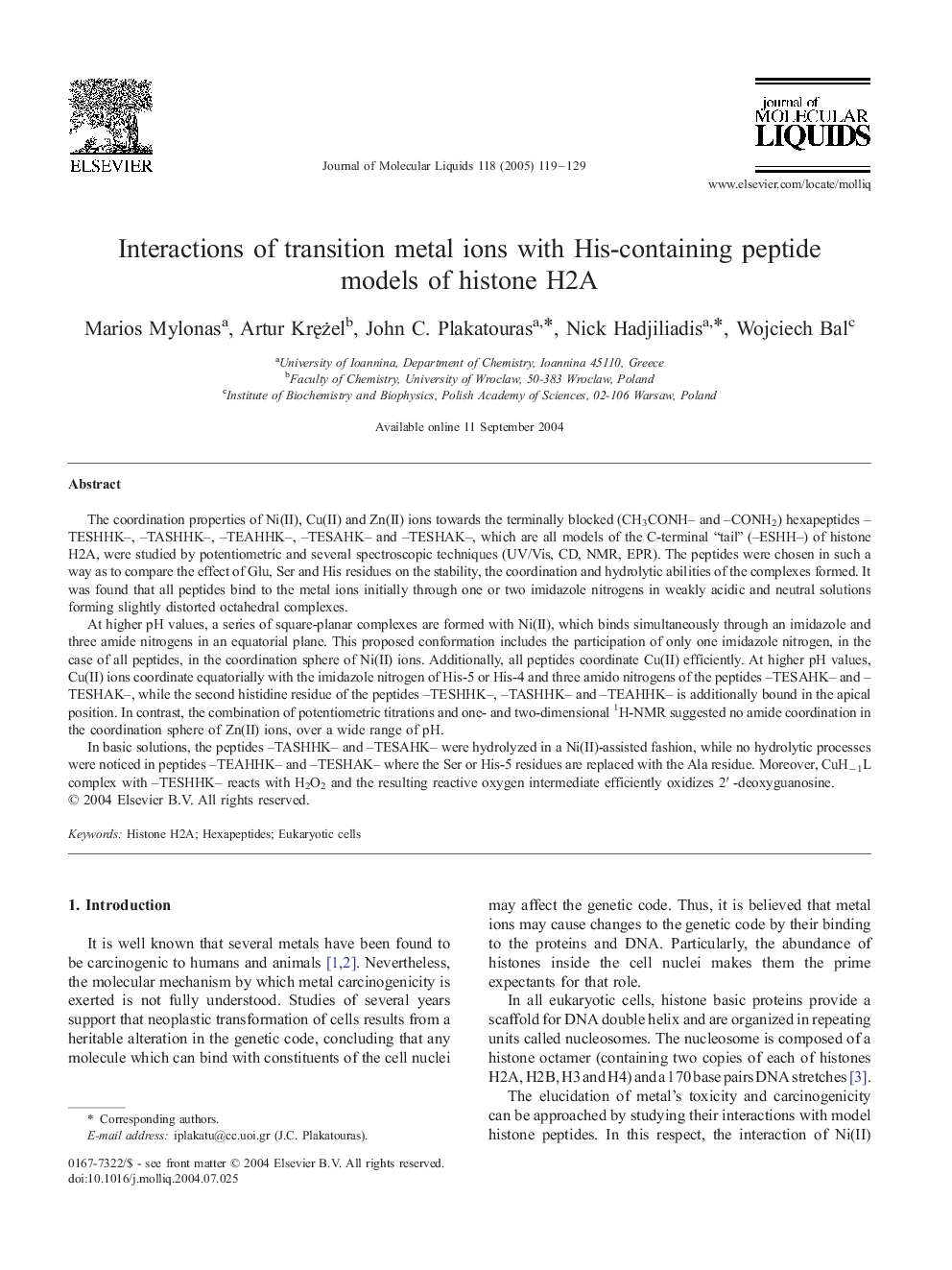 Interactions of transition metal ions with His-containing peptide models of histone H2A