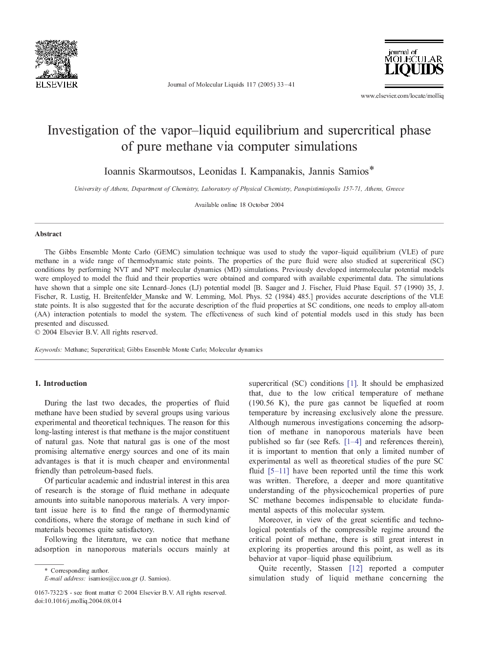 Investigation of the vapor-liquid equilibrium and supercritical phase of pure methane via computer simulations