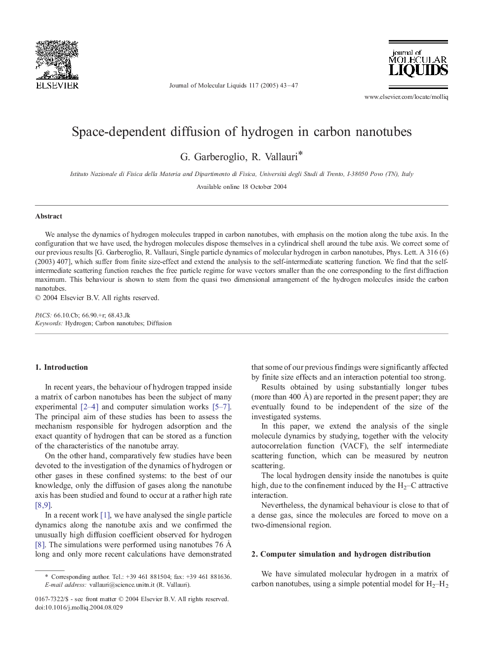 Space-dependent diffusion of hydrogen in carbon nanotubes