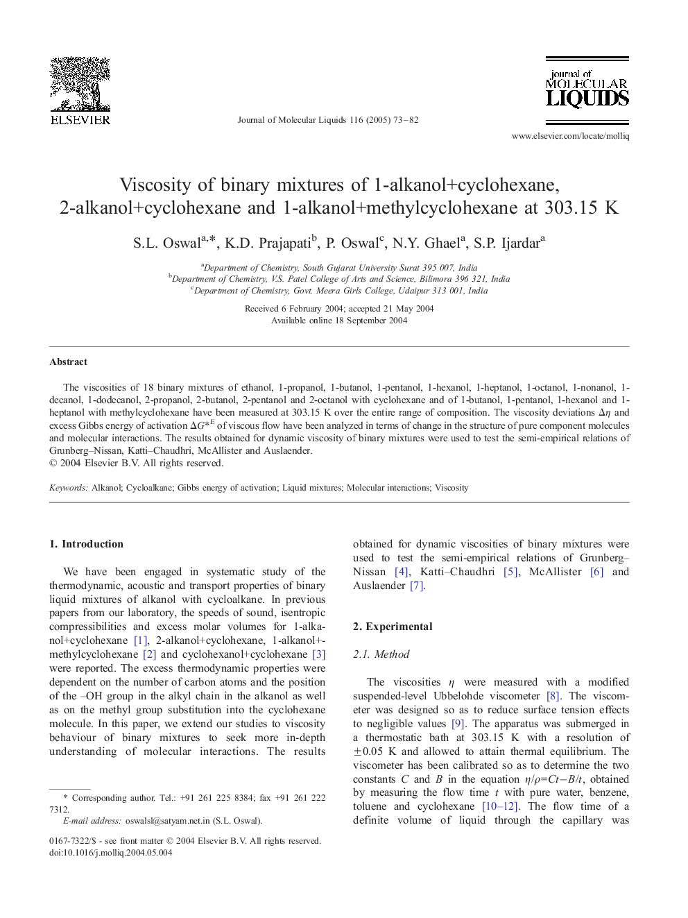 Viscosity of binary mixtures of 1-alkanol+cyclohexane, 2-alkanol+cyclohexane and 1-alkanol+methylcyclohexane at 303.15 K