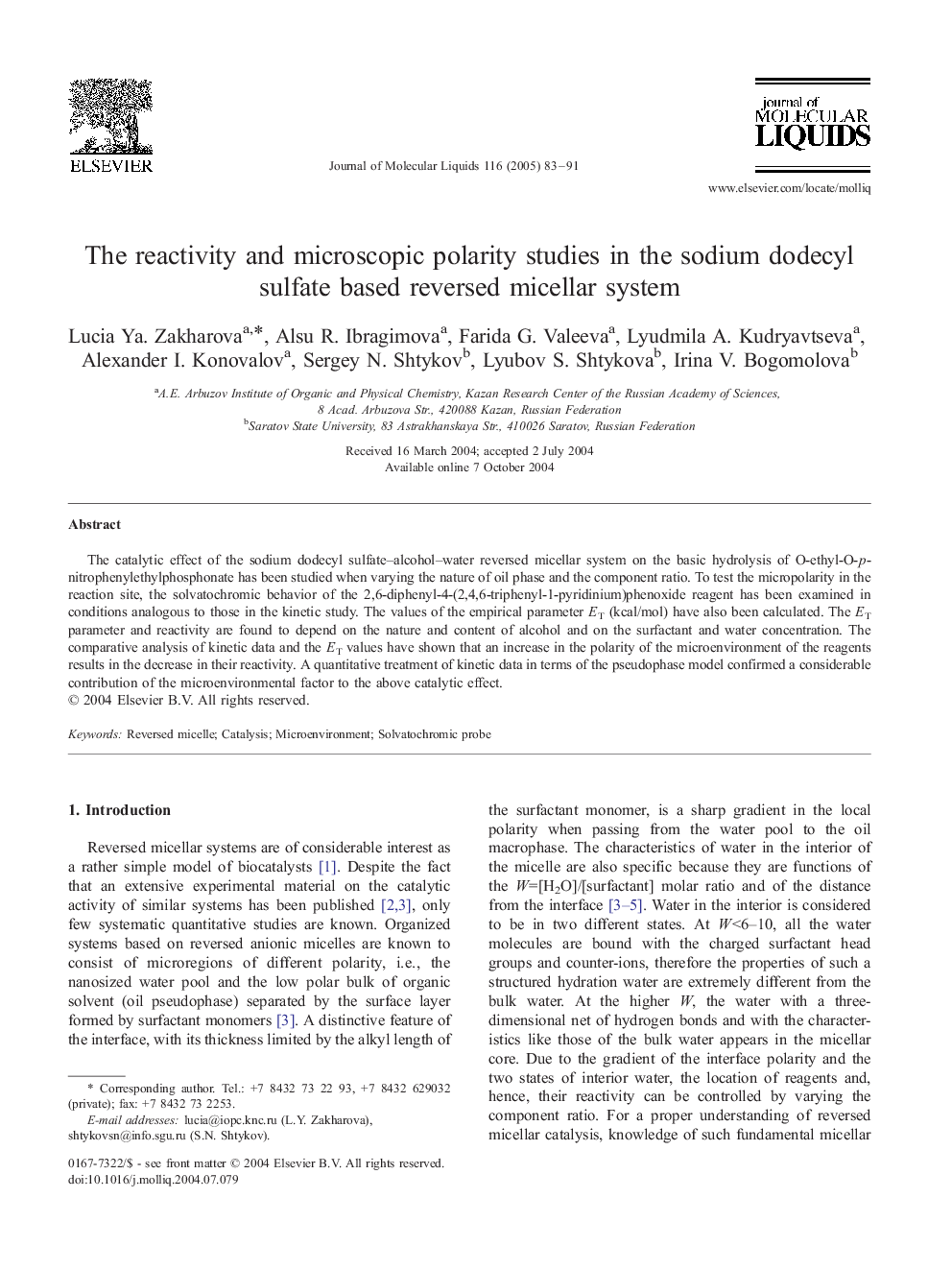 The reactivity and microscopic polarity studies in the sodium dodecyl sulfate based reversed micellar system