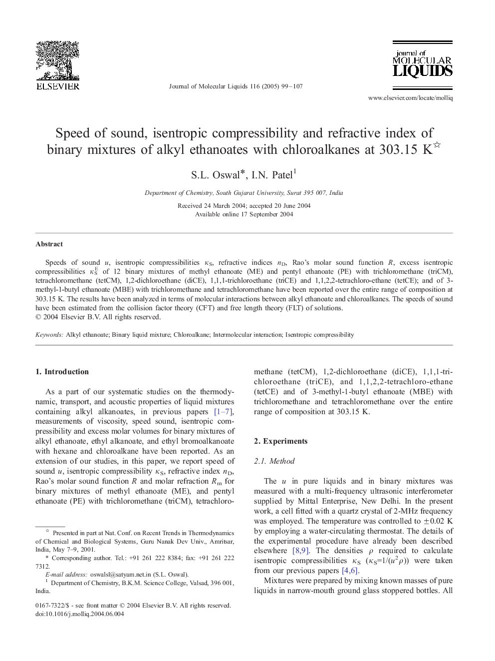 Speed of sound, isentropic compressibility and refractive index of binary mixtures of alkyl ethanoates with chloroalkanes at 303.15 K