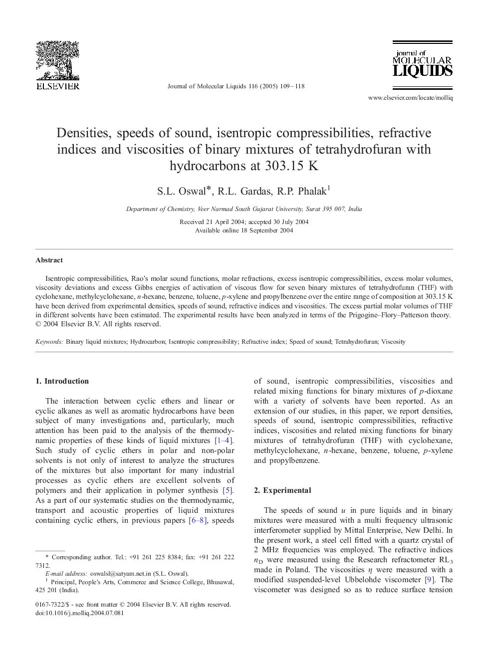 Densities, speeds of sound, isentropic compressibilities, refractive indices and viscosities of binary mixtures of tetrahydrofuran with hydrocarbons at 303.15 K