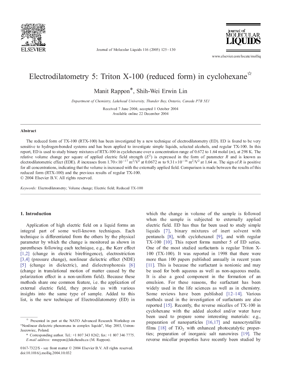 Electrodilatometry 5: Triton X-100 (reduced form) in cyclohexane