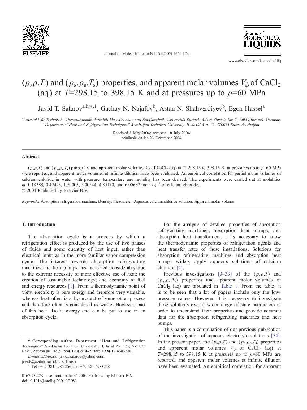 (p,Ï,T) and (ps,Ïs,Ts) properties, and apparent molar volumes VÏ of CaCl2 (aq) at T=298.15 to 398.15 K and at pressures up to p=60 MPa