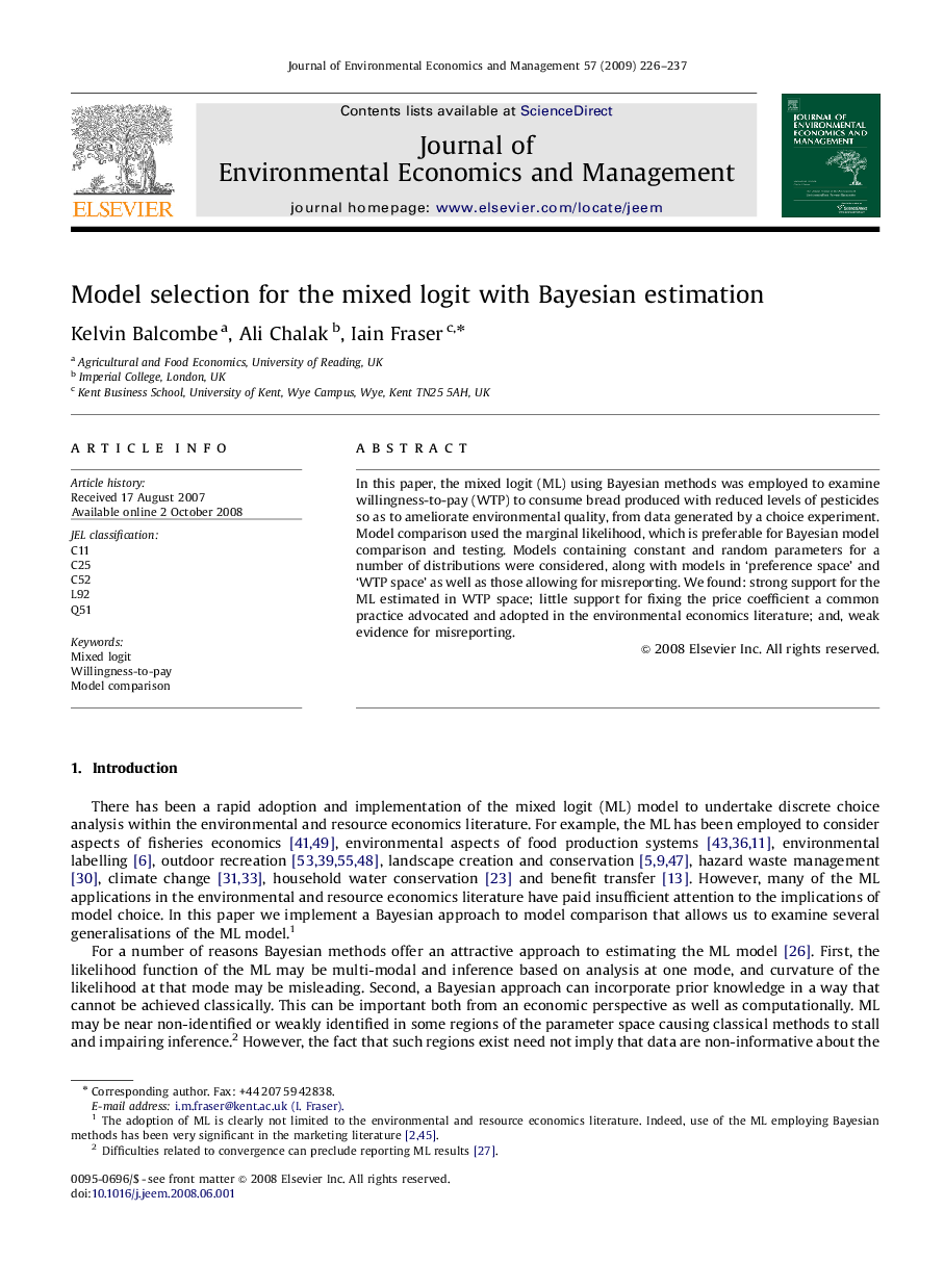 Model selection for the mixed logit with Bayesian estimation