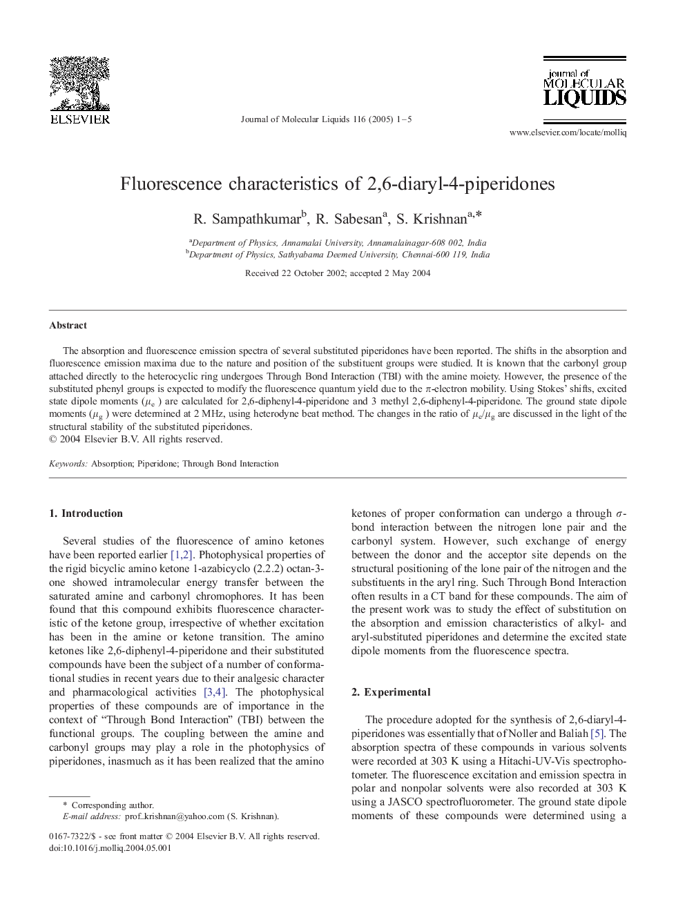 Fluorescence characteristics of 2,6-diaryl-4-piperidones