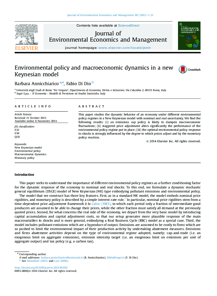 Environmental policy and macroeconomic dynamics in a new Keynesian model