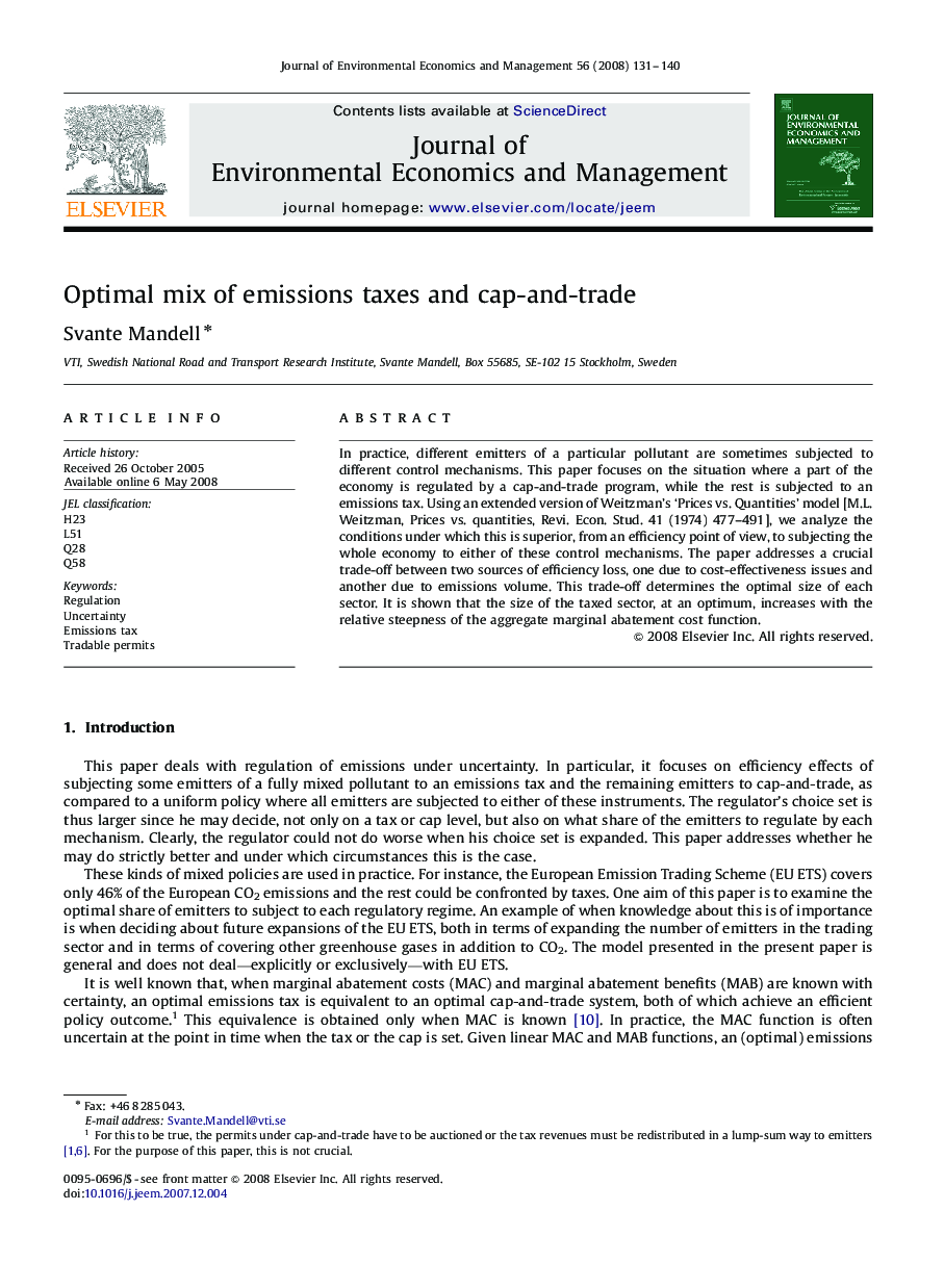 Optimal mix of emissions taxes and cap-and-trade